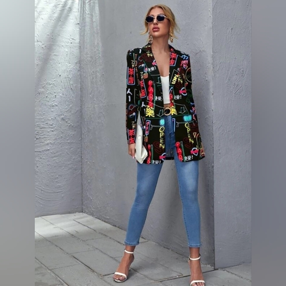 Graffiti Pop Art Neon Sushi Women's Jacket/Blazer Size Large